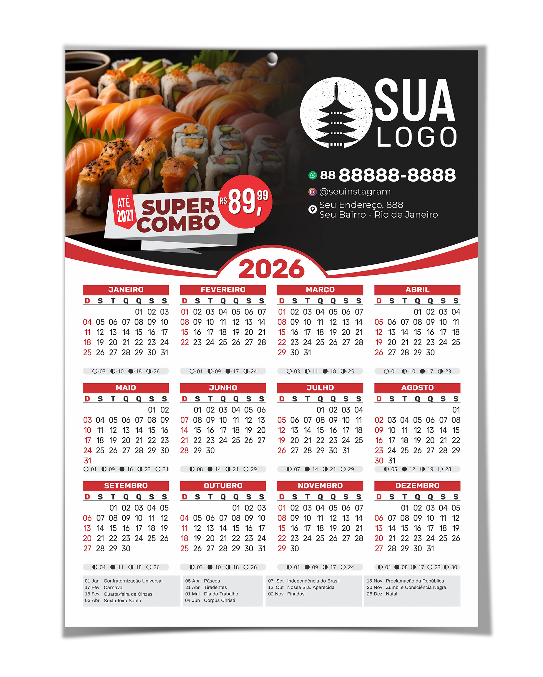 Calendário de Parede 2026 – Personalizado 24x33cm | Papel 280g com Laminação + Ilhós - Imagem 2