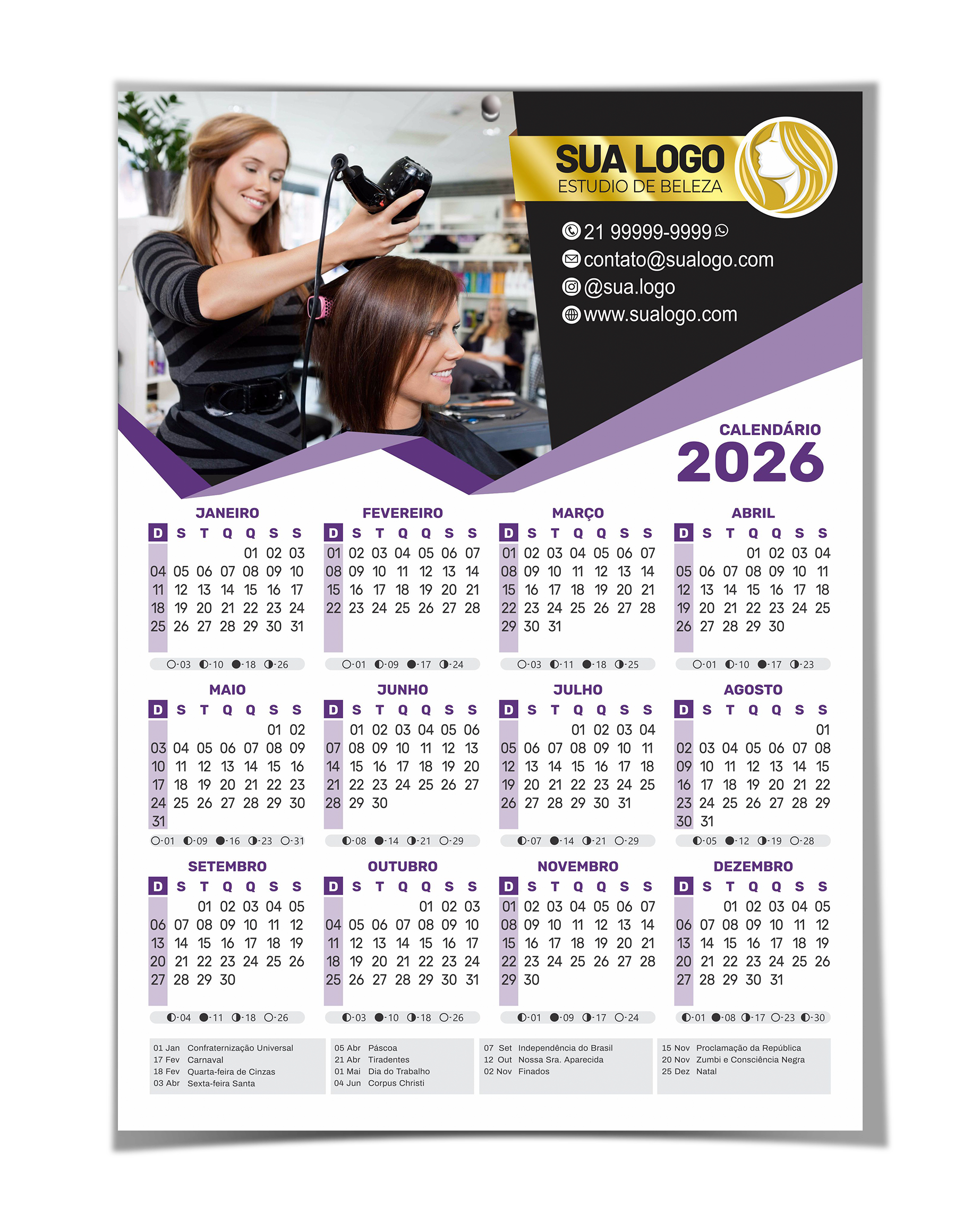 Calendário de Parede 2026 – Personalizado 24x33cm | Papel 280g com Laminação + Ilhós